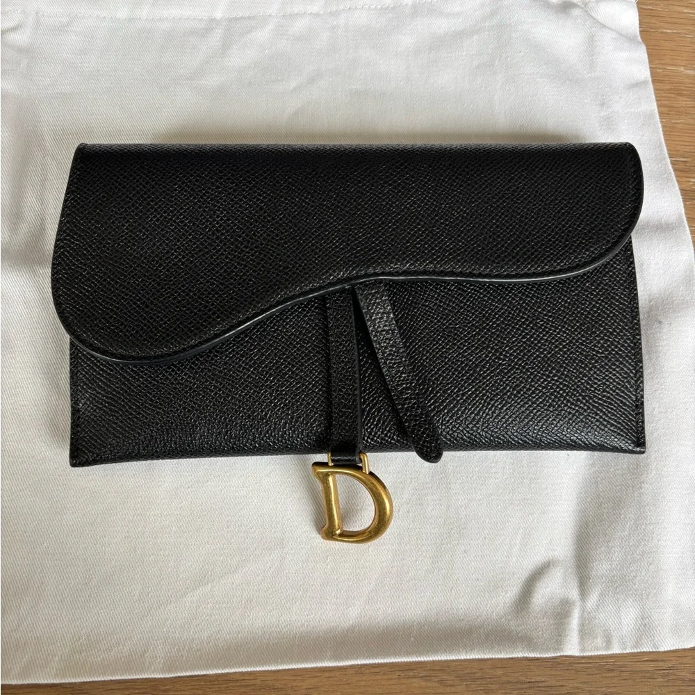 Dior Black Leather Wallet Trio with Gold Chain and D Charm